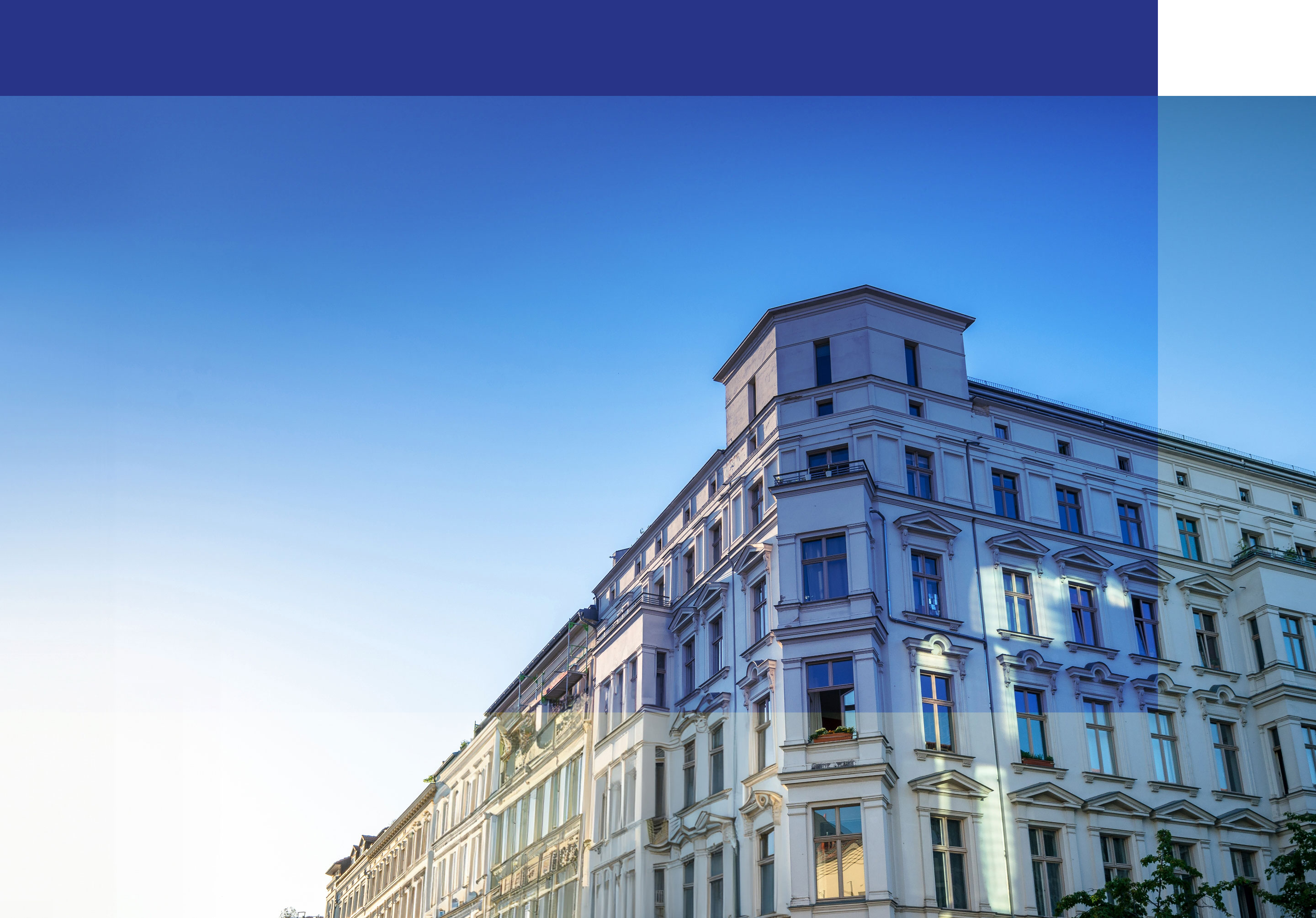 Bild einer Liegenschaft von außen mit grafischen Elementen